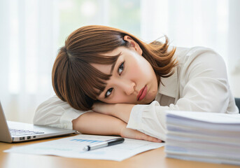 大量の仕事が終わらず途方に暮れる女性社員