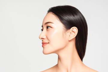 清潔感のある白背景で、美しいフェイスラインと艶やかな髪を際立たせた横顔ポートレート。美容やスキンケアのコンセプトに最適な構図。